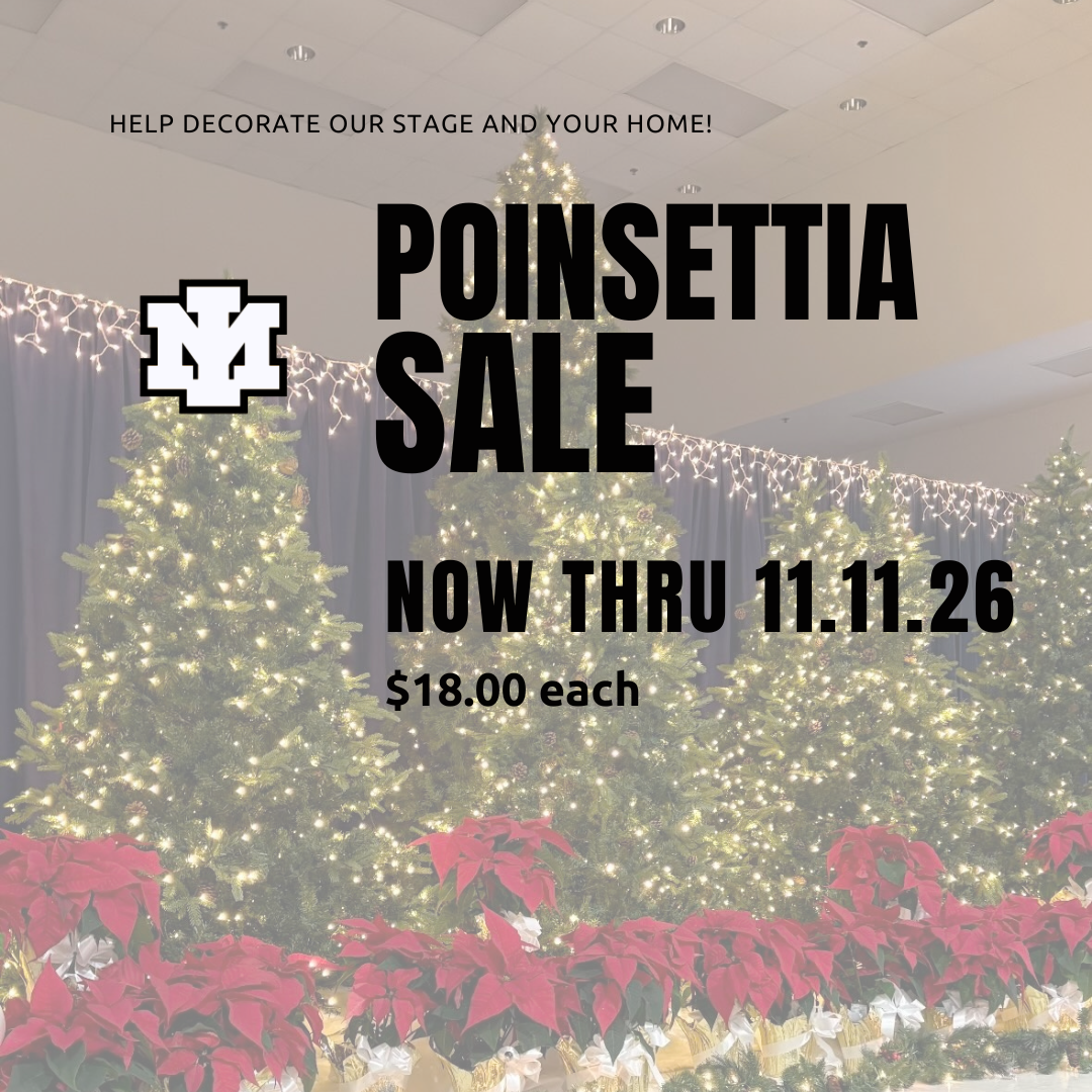 Poinsettia Sale graphic advertising $18 poinsettias available through Nov 11, 2026, in front of lit trees.